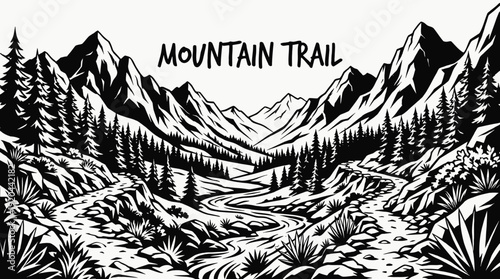 mountain dirt road path landscape nature outdoor travel countryside trail horizon rural environment scenic journey valley black and white vector illustration