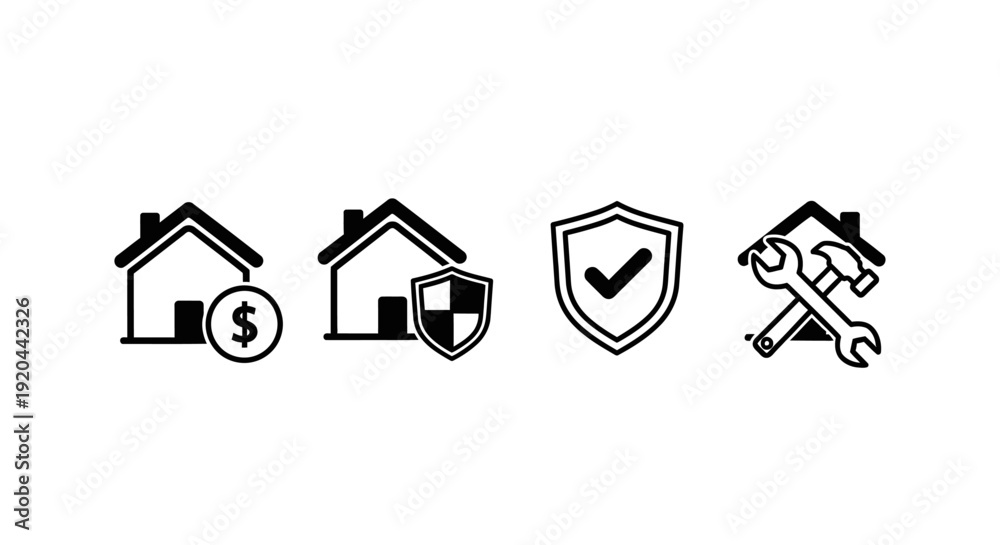 Fototapeta premium Set of four black and white icons representing home finance, security, quality assurance, and repair services for residential properties.