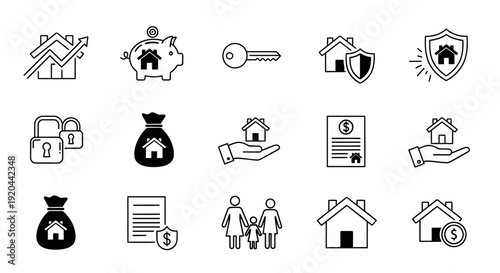 A comprehensive set of black and white line icons representing real estate, housing, finance, property investment, home security, and family ownership concepts.