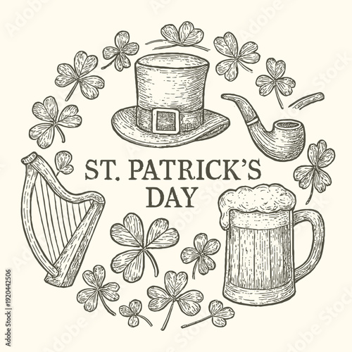 Hand-drawn style vector set of St. Patrick's Day elements: clover, hat, pipe, harp, beer mug arranged in a circular wreath