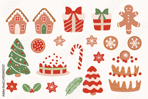 Festive christmas illustrations featuring gingerbread gifts and winter decor