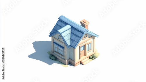Isometric illustration of a small, charming cottage with a blue roof and a chimney