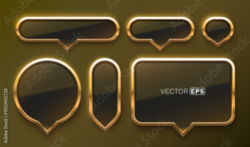 Elegant set of golden speech bubbles and badges with a dark glossy finish, ideal for premium design.