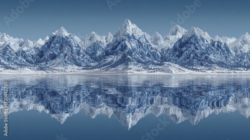 Stunning panoramic view showcasing snow-capped mountain range, and a mirrored water reflection