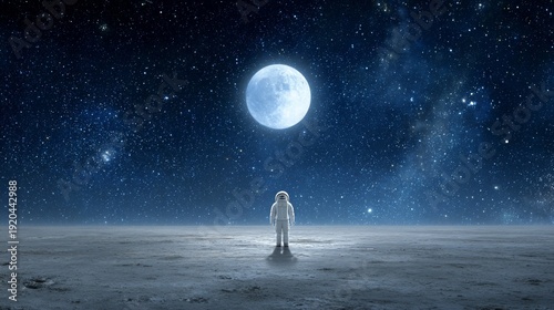 An astronaut stands, looking toward a bright, full moon in a starry night sky