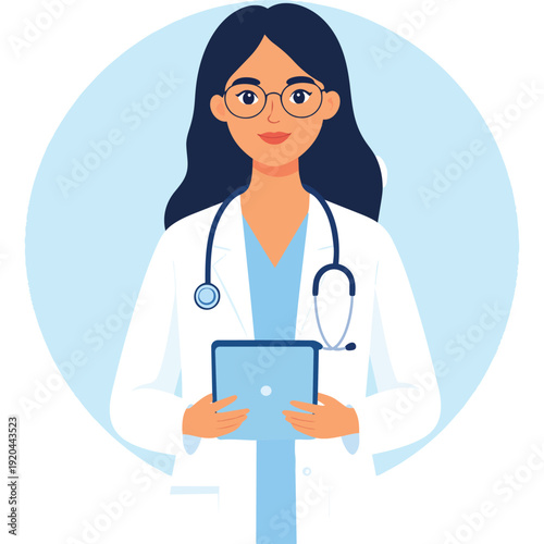Professional female doctor holding tablet with stethoscope, medical healthcare worker portrait, confident woman physician in white coat, modern flat vector illustration design.