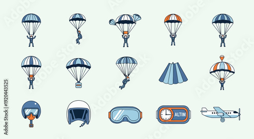 Pixel Art Skydiving Icons Set. Parachute Jumpers Collection