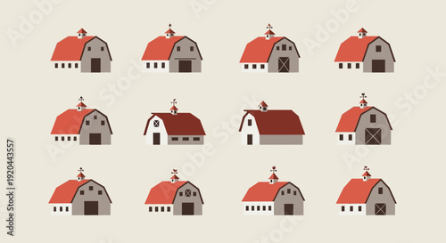 Pixel Art Barns Collection: Rustic Farm Buildings in Red and Gray Palette