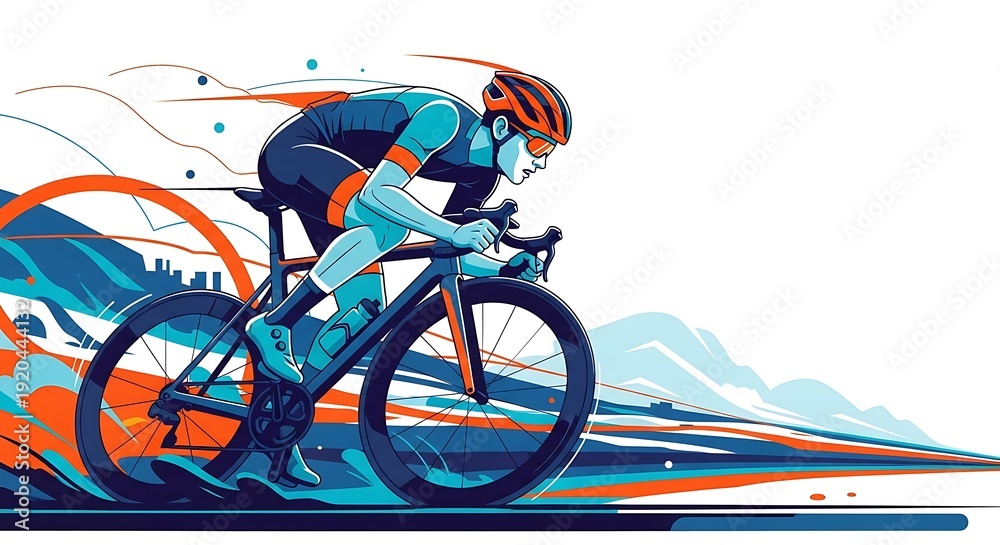 Fototapeta premium Cyclist in aerodynamic pose speeds through abstract colorful landscape.