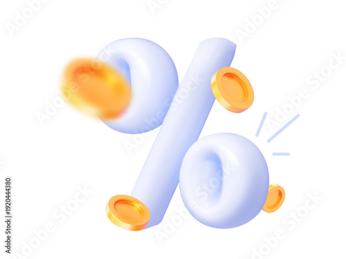 3D vector golden percentage sign with flying coins. Concept of financial cashback, investment profit, and special discount offer. Isolated on white background for business and retail.