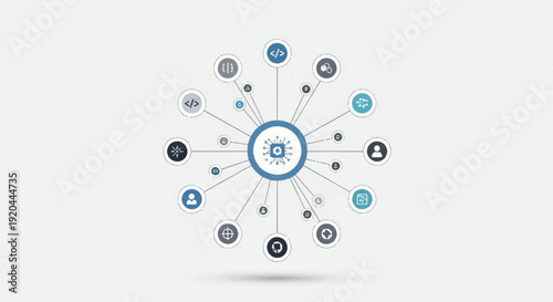 Abstract technological network with interconnected nodes and diverse icons illustrating data exchange, global communication, and digital system integration.