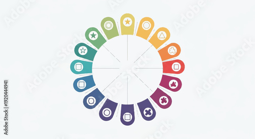 Vibrant 16-segment radial infographic template with diverse icons, perfect for illustrating processes, options, or steps in presentations and reports.