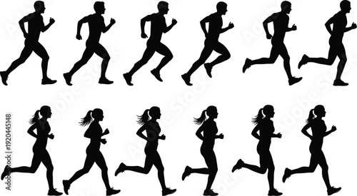 Running man and woman silhouettes set vector illustration, marathon fitness training motion sequence isolated sports collection