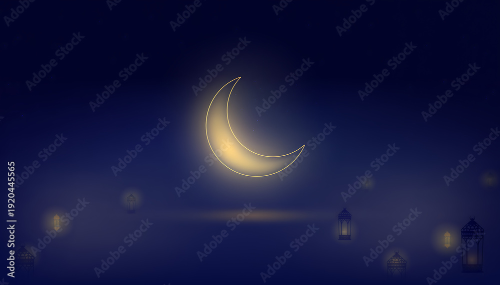 Naklejka premium A serene night sky with a glowing crescent moon and lanterns