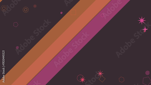 A vibrant abstract illustration features diagonal stripes on a colorful background with geometric shapes and sparkles.