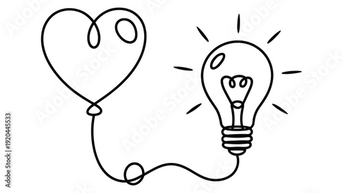 Minimal line art illustration of heart shaped balloon connected to glowing light bulb isolated on white background love idea concept