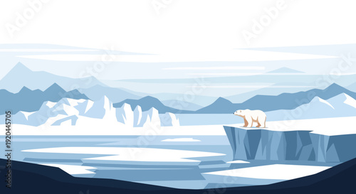 Illustration of a polar bear on an iceberg with snow and mountains in the background, celebrating Polar Bear Day on an international event day.