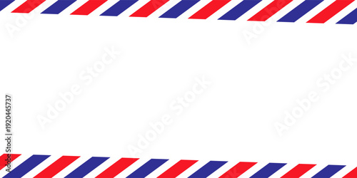 Airmail envelope frame with blue and red stripes on white background. International vintage letter border. Retro air mail postcard. Blank envelope.