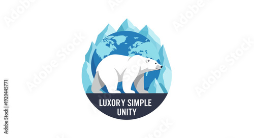 A polar bear illustration on a blue globe with icebergs and mountains, symbolizing Polar Bears International Day, against a white background with a design element.