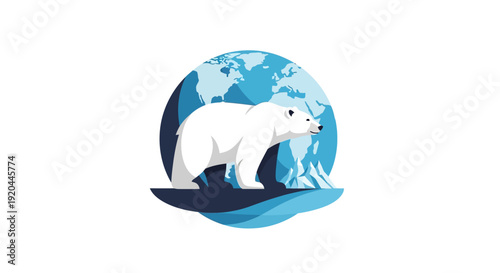 Illustration of a polar bear standing on an iceberg in front of a globe on Polar Bear Day for an international design event.