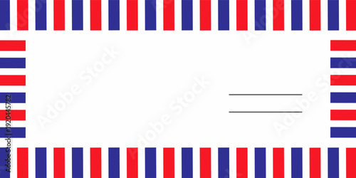 Airmail envelope frame with blue and red stripes on white background. International vintage letter border. Retro air mail postcard. Blank envelope. Vector illustration isolated on white background