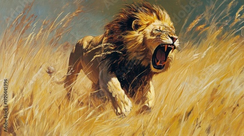 Majestic lion in golden savanna