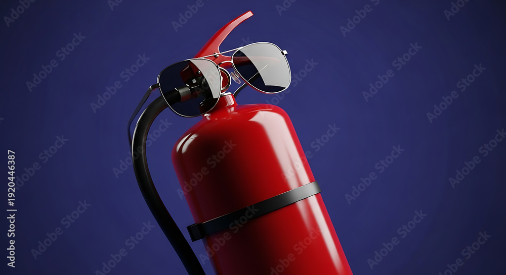 Fototapeta premium Red fire extinguisher with sunglasses on a dark blue background