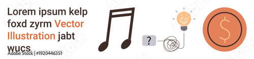 Marketing, creativity, problem-solving, financial planning, innovation, and decision-making. Musical notes, a dollar sign and a light bulb with a tangled path icon. Creativity and problem-solving