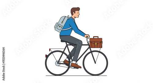 A stylized illustration depicts a man riding a bicycle with a briefcase showcasing a flat design silhouette high quality professional detailed