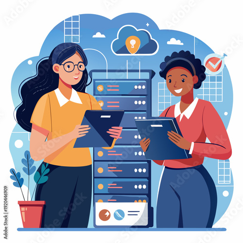 Two Diverse Female Cloud Security Engineers Work Side by Side on a Tablet Computer in a Data Center Office. vector file