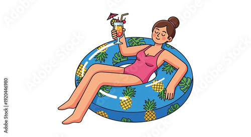 A woman relaxes on a pineapple float with a colorful drink enjoying a tropical summer day silhouette high quality professional detailed