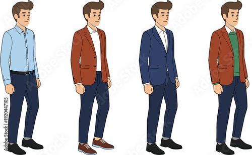 Young man character in professional business attire wearing blazer, suit jacket, and formal shirt in various standing poses for office fashion vector.