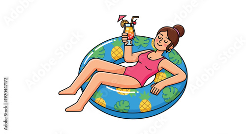 A woman relaxes on a pineapple float with a colorful drink enjoying a sunny day silhouette high quality professional detailed modern