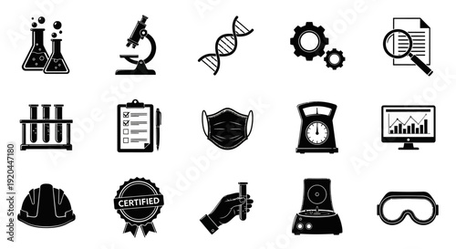 Collection of black icons representing science, technology, and laboratory equipment in a grid layout, image (1956).ai