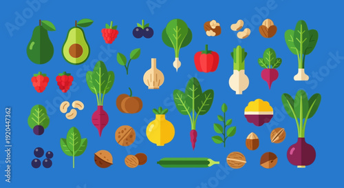 Assorted vegetables and fruits arranged neatly in a graphic illustration style, inspired by the art of image (1971).ai
