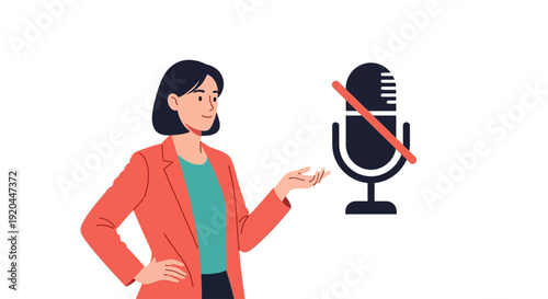 Woman gesturing to a muted microphone, illustration (1972) style, silence, protest