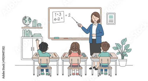 Teacher explaining math on blackboard to students in classroom setting image (1975)