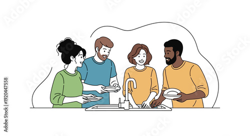 Group of people gathered around a table sharing a meal together in a casual setting illustration from 1987