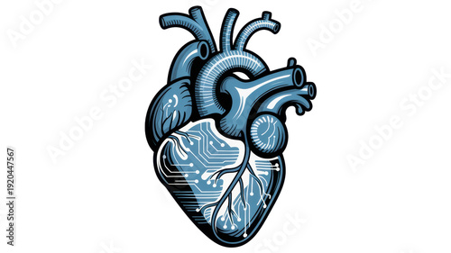 Blue circuit heart with white background isolated on a transparent background