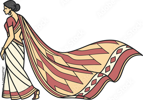 Traditional Indian Saree Clothing Design. Elegant Silk Saree Fashion Style. Bridal Saree with Ornamental Border. Bengali Saree Cultural Attire Concept. Ethnic Festive Saree Draping Style Collection