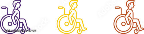 Wheelchair user icon set representing disability support, accessibility inclusion, mobility assistance and healthcare awareness concept illustration design