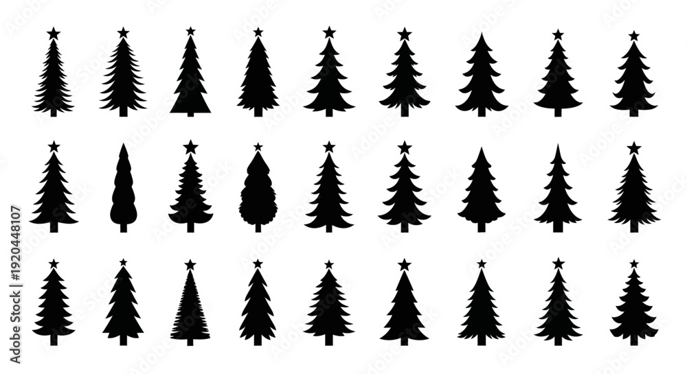 Fototapeta premium Collection of diverse black Christmas tree silhouettes on an isolated white background.