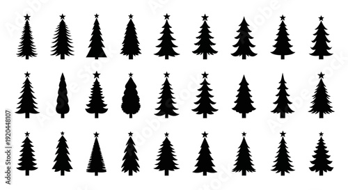 Collection of diverse black Christmas tree silhouettes on an isolated white background.