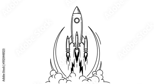 Outline drawing of a rocket launching with smoke on an isolated white background.