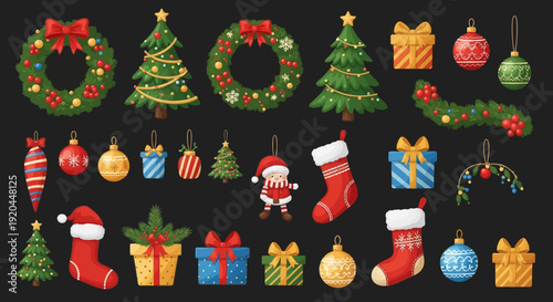 Christmas decorations and ornaments icons set.