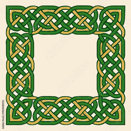 Celtic knot border frame in green and gold, empty center for text, intricate vector pattern traditional irish style