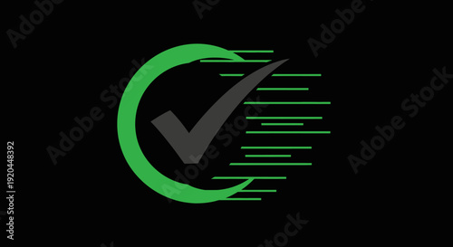 Dynamic Green Checkmark Icon with Speed Lines on Black Background for Success Concept