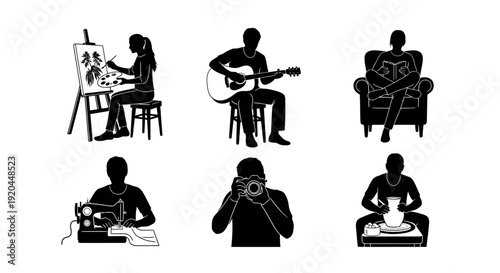 Silhouetted figures engaging in creative activities like painting and playing guitar around the home, image (2010).ai reference