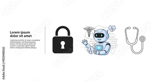 Robot doctor illustration with stethoscope and lock icon representing secure healthcare technology in a medical setting image (2011).ai