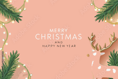Festive christmas background with deer foliage and holiday greetings